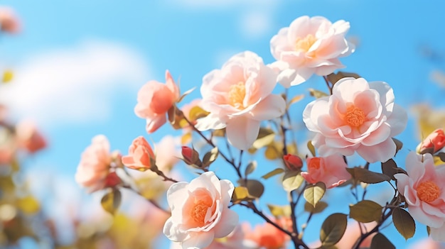 Closeup of a delicate cherry blossom branch with pink flowers against a pink and blue background with space for text in spring nature