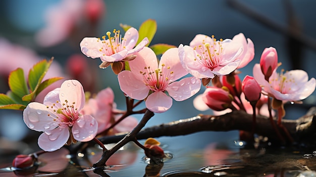 Closeup of a delicate cherry blossom branch with pink flowers against a pink and blue background with space for text in spring nature