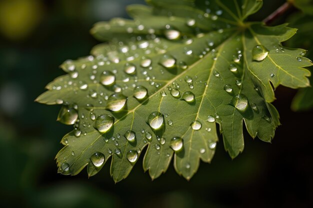 Closeup of delicate leaf with dewy droplets