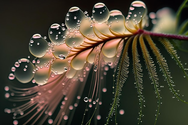 A closeup of a delicate mimosa flower with dew drops glistening on the petals created with generativ