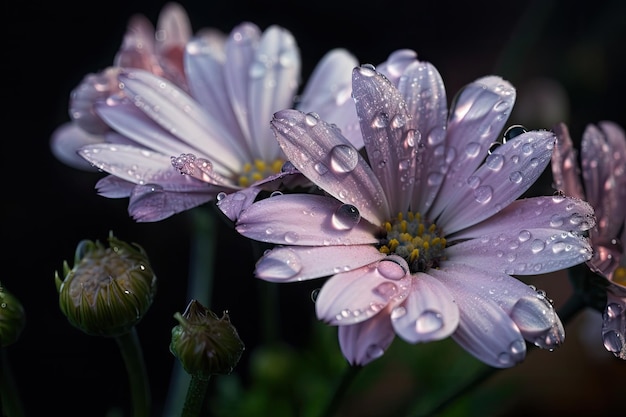 Closeup of delicate pastel flowers with dew drops on their petals created with generative ai