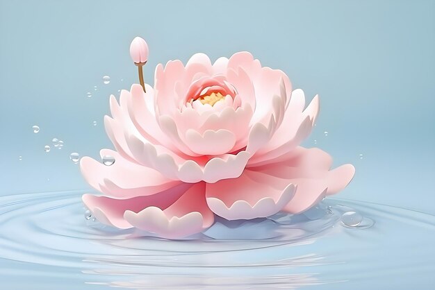 Photo closeup of a delicate pink open peony bud on a blue background generated by ai 3d illustration