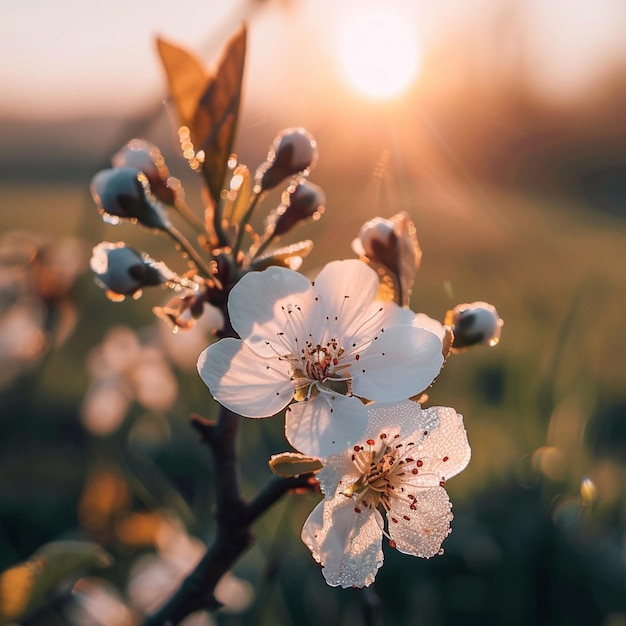 A closeup of delicate white cherry blossoms