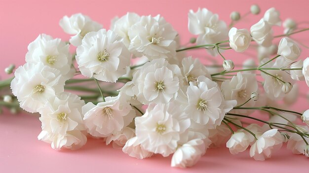 Близкий вид нежных белых цветов на розовом фоне
