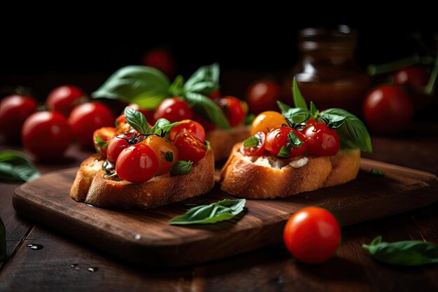 Крупный план вкусной брускетты со свежим базиликом и сочными помидорами черри