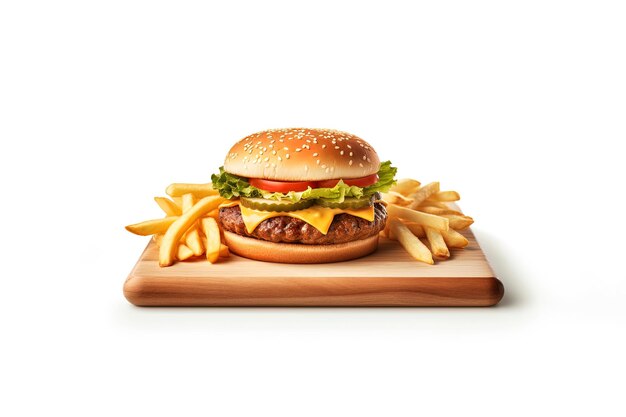 Closeup of a delicious cheeseburger with french fries on a wooden board isolated on white background