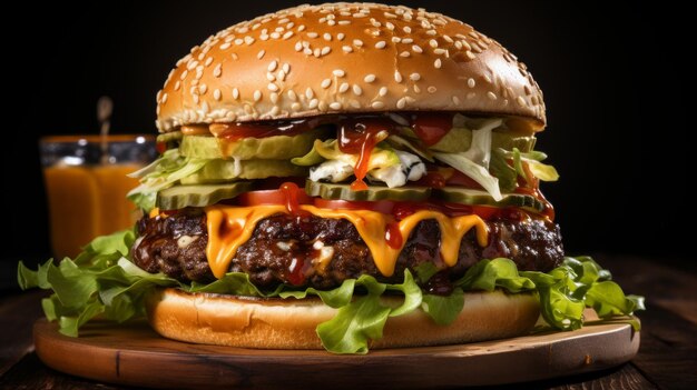 Closeup of a delicious cheeseburger with lettuce tomato onion and pickles