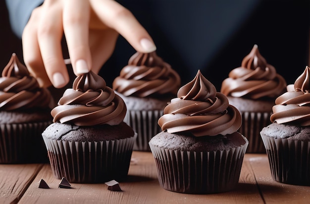 Foto close-up di deliziosi muffin al cioccolato in piedi sul tavolo una mano di donna controlla i pasticci