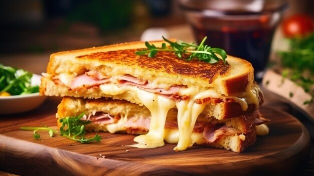 Фото Вблизи восхитительный крок, мсье сэндвич, хлеб, ужин, вкусное мясо на деревянной доске, сгенерированное ии.