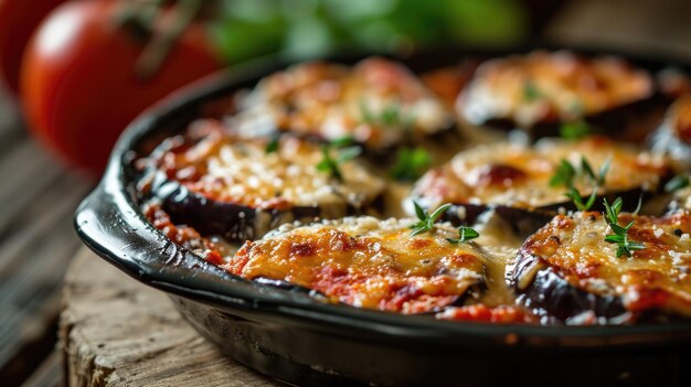 Foto close-up di un delizioso parmigiano di melanzane in una padella guarnita con erbe fresche