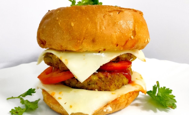 Closeup of delicious fresh home made burger with aloo tikki or cheese or onion and tomato