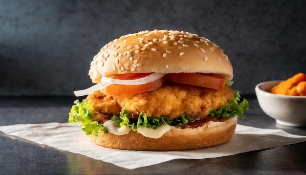 Closeup of delicious fresh tasty chicken burger Tasty fast food