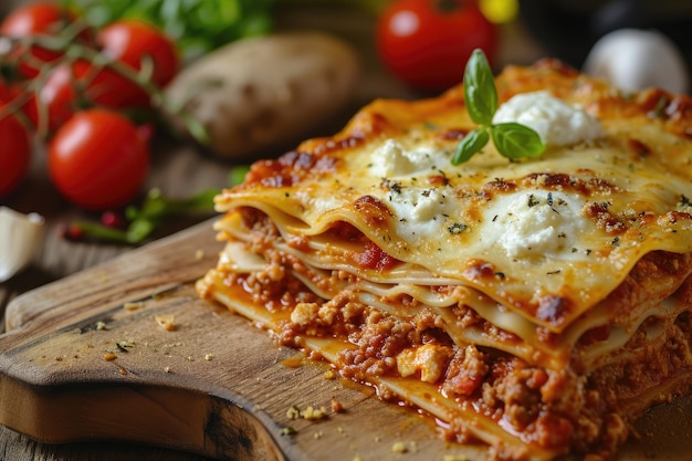 Closeup of a delicious homemade lasagna with melted cheese and beef garnished with basil on a rustic wooden cutting board