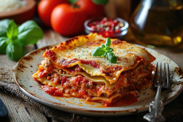 Closeup of a delicious homemade lasagna with melted cheese and beef garnished with basil on a rustic wooden cutting board