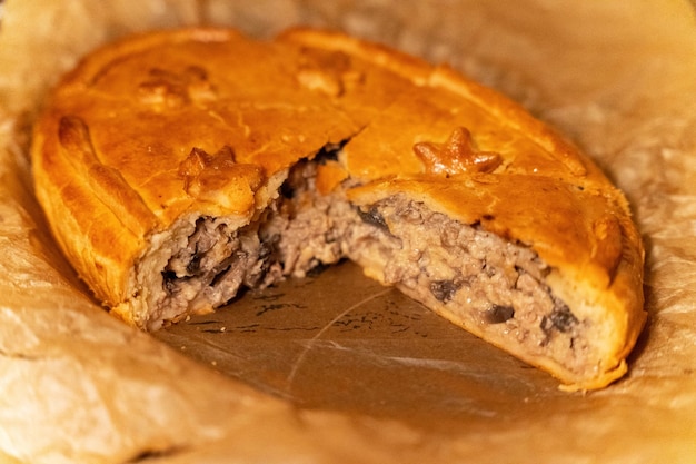 Closeup of delicious homemade meat and mushroom pie on baking sheet