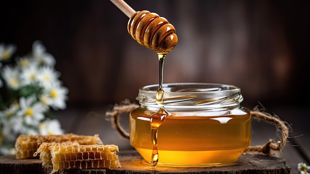 Closeup of delicious honey jar with honey dipper on wooden table