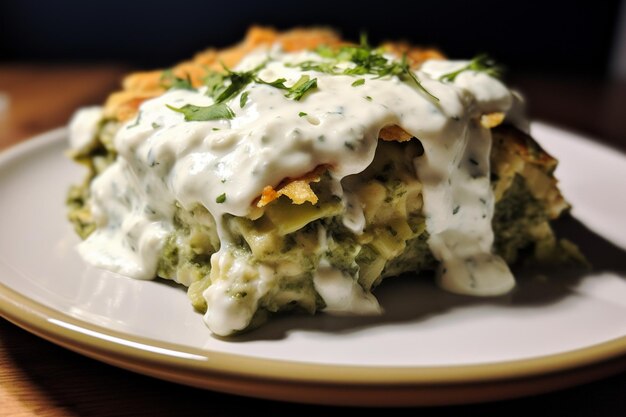 Closeup of delicious mexican green enchiladas with sour cream and cheese