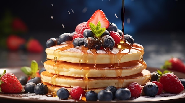 Closeup delicious pancakes with fresh blueberries strawberries and maple syrup on a light