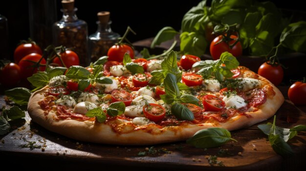 Closeup of a delicious pizza with tomatoes basil and mozzarella cheese