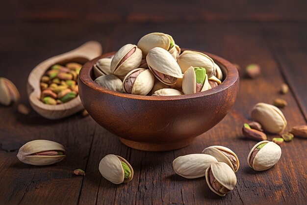 Closeup of delicious roasted salted pistachios on wooden background