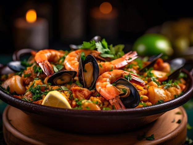 A closeup of a delicious seafood paella meal Generative AI