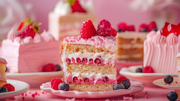신선한 라즈베리와 크림으로 장식된 맛있는 층층 케이크 조각의 클로즈업, 다양한 분홍색 테마의 디저트에 둘러싸여, 과자 및 축제 테마에 이상적입니다.