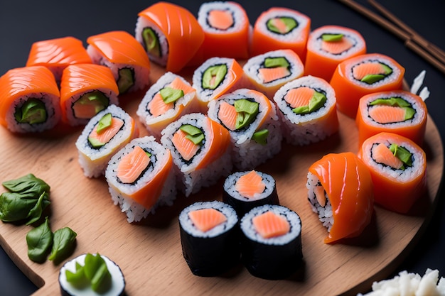 A closeup of delicious sushi with perfectly cut slices and vibrant colors ensuring an irresistible oriental dining experience Generated by AI