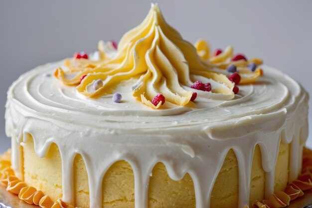 Photo closeup of a delicious white frosted cake