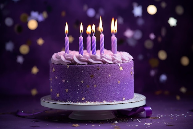 Photo closeup of delicious white homemade cream birthday cake decorated with fresh flowers and candles