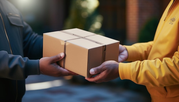 A closeup of a delivery man's hands delivering a package and a customer's hands