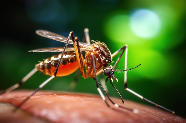 Photo closeup of a dengue mosquito sucking blood