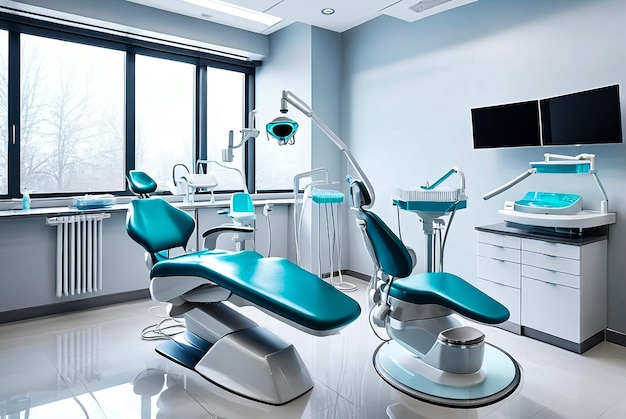Ближайшее стоматологическое оборудование в стоматологическом кабинете в новой современной стоматологической клинике Фон стоматологического стула и аксессуаров, используемых стоматологами в синем медицинском свете Копируйте пространство текст место