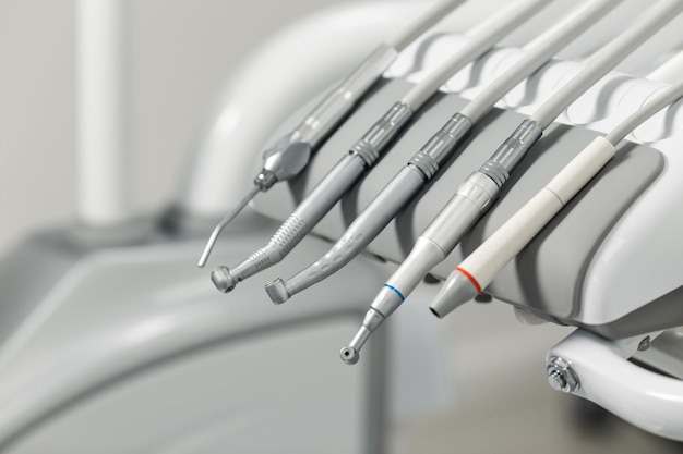 Closeup dental equipment for tooth treatment stomatology tools in clinic