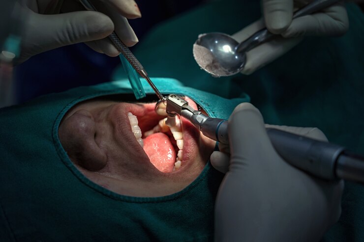 Photo closeup dentist and assistant operating for checking and teeth cleaning at dental clinic