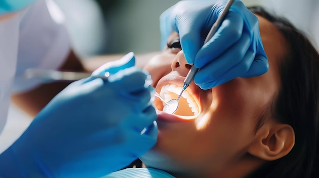 A closeup of a dentist examining a patients teeth