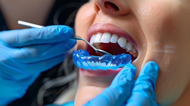 A closeup of a dentist fitting a patient with a mouthguard The patient is smiling and has her mouth open