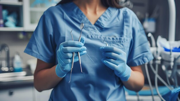 Closeup of a dentist holding dental tools