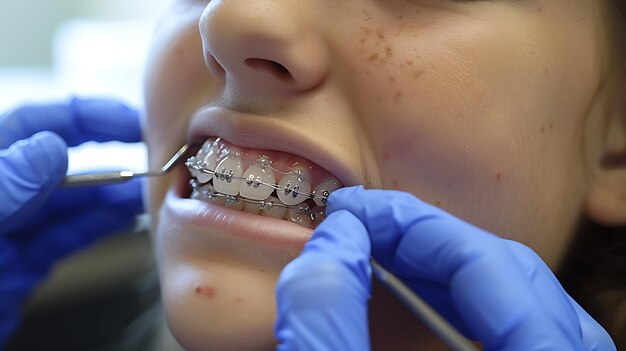 Photo closeup of a dentist putting braces on a patients teeth the patient is a young woman with freckles and dark hair