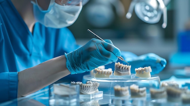 Photo closeup of a dentist working on a set of dentures in a modern dental laboratory