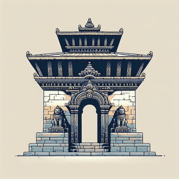 A closeup depiction of a weathered stone entrance gate to a Nepali temple adorned with intricate