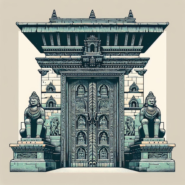 A closeup depiction of a weathered stone entrance gate to a Nepali temple adorned with intricate