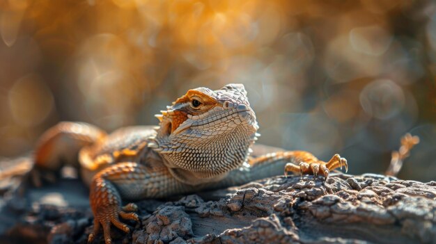 Photo closeup of a desert lizard basking on a sunlit branch its eyes closed in contentment