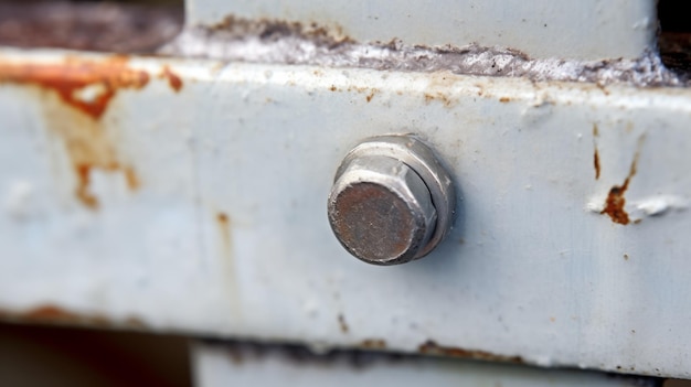 Closeup detail of a bolt head embedded in a large piece of metal AI Generated