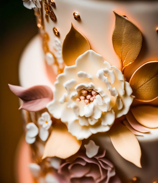 고급 웨딩 케이크 전용 하이엔드 디자인의 클로즈업 디테일은 정교한 결혼 축하를 위한 메인 디저트로 전문 프리미엄 케이크를 아름답게 장식했습니다. Generative Ai