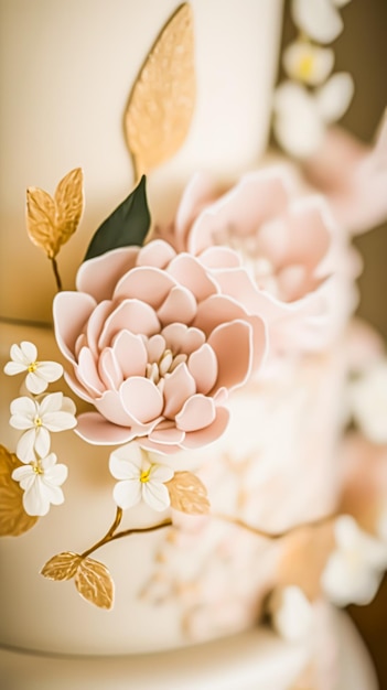 豪華なウエディング ケーキ排他的なハイエンド デザインのクローズ アップの詳細は、絶妙な結婚式のお祝いのメイン デザートとして美しく装飾されたプロのプレミアム ケーキ生成 Ai