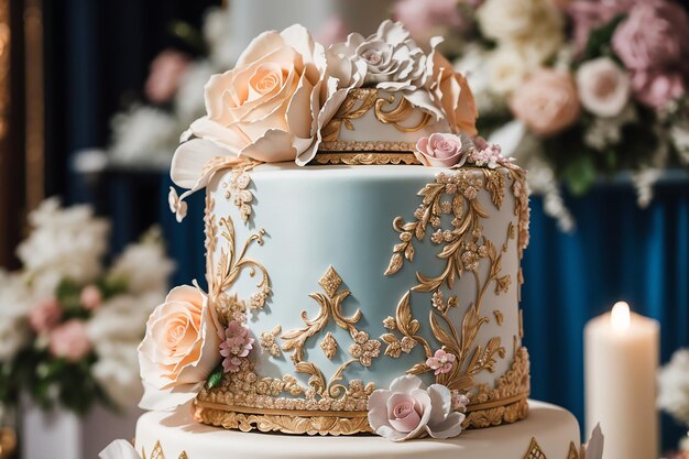 Photo closeup detail of a luxury wedding cake exclusive highend design beautifully decorated professional premium cake as main dessert for exquisite wedding celebration