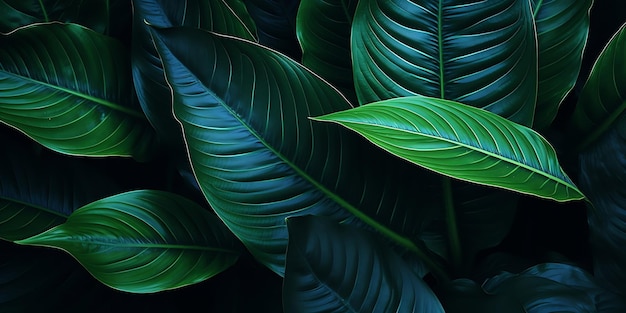 클로즈업 세부 사항 매크로 텍스처 밝은 파란색 녹색 잎 열대 숲 식물 스파티프 생성 AI