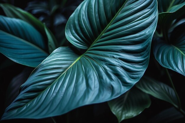 Closeup detail macro texture bright blue green leave tropical forest plant spathiphyllum cannifolium in dark nature backgroundCurve leaf floral botanical abstract desktop wallpaperwebsite backdrop