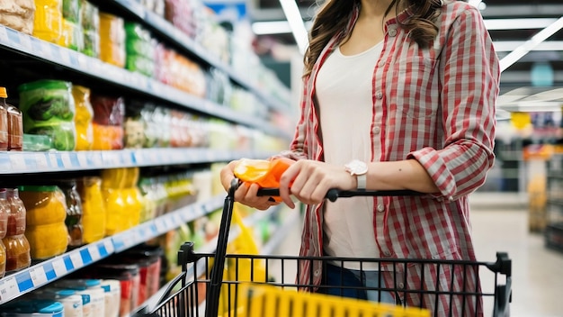 Closeup detail of a woman shopping in a supermarket