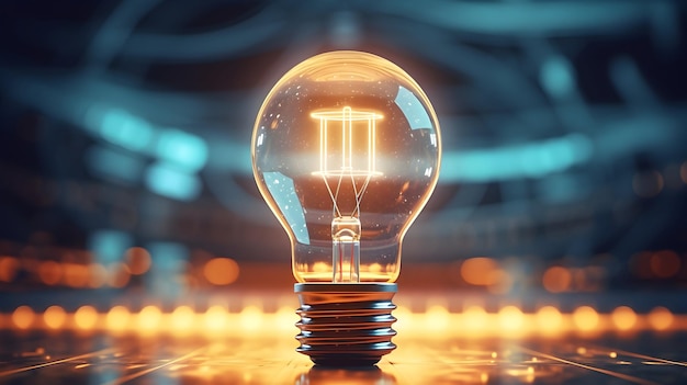 Closeup of a detailed 3D business hologram and a glowing light bulb